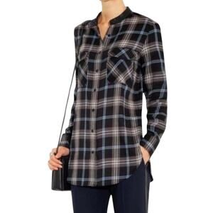 Vince Black Blue Gray Plaid Button-Up Shirt Genuine Leather Band Collar size 4